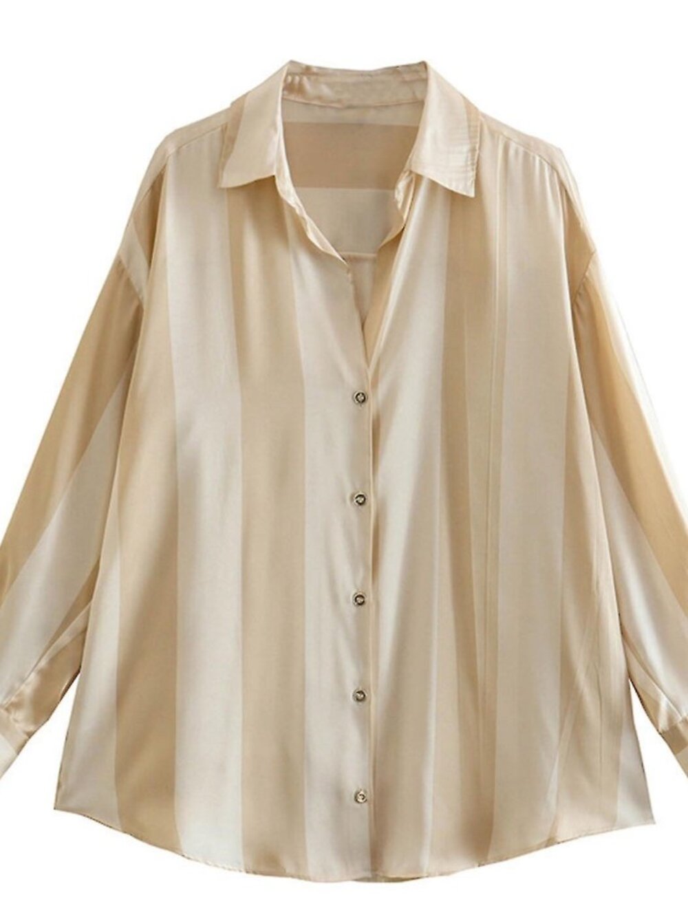 NEW ZARA Beige Striped Satin Finish Button-Up Blouse top Silk-Look Womens